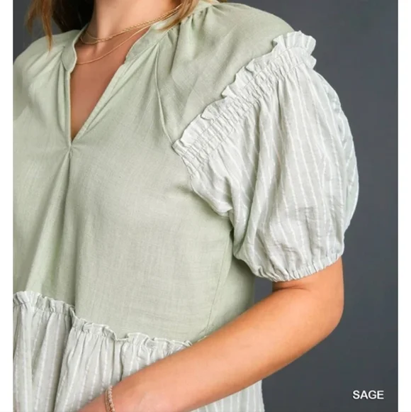 UMGEE NWT SAGE LINEN BLEND V-NECK SHORT SLEEVE TOP - Picture 4 of 6